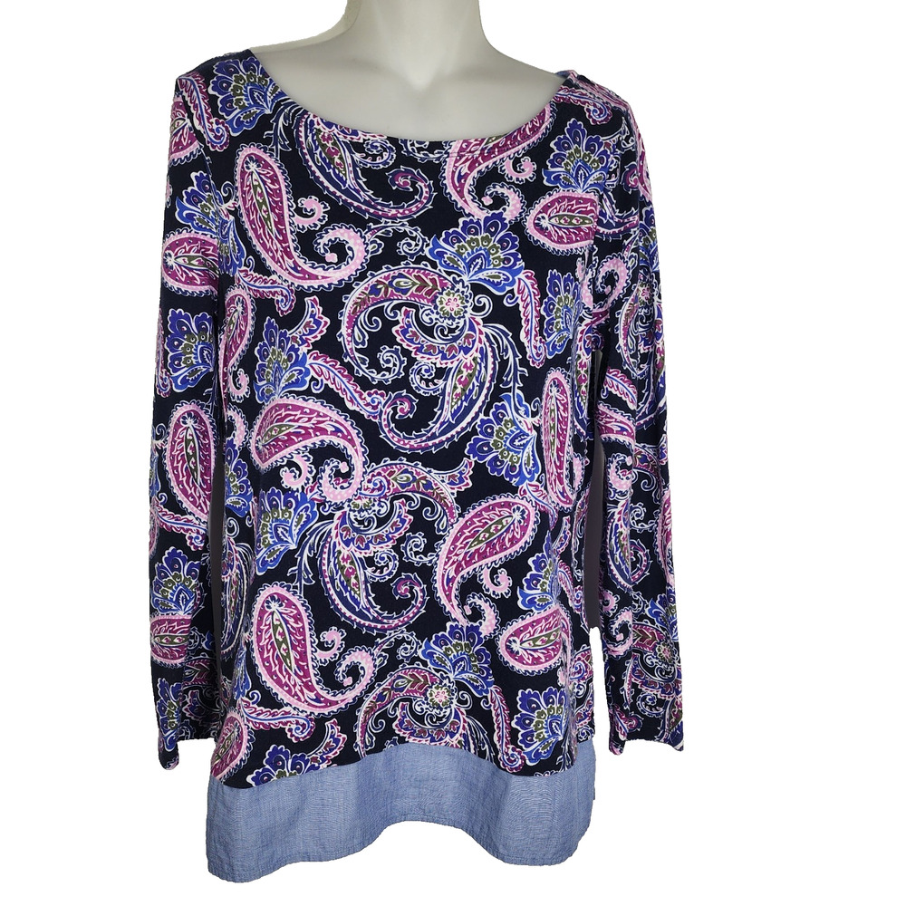 Talbots Womens Top Small Paisley 100% Cotton Multicolor 3/4 Sleeve Chambray Hem